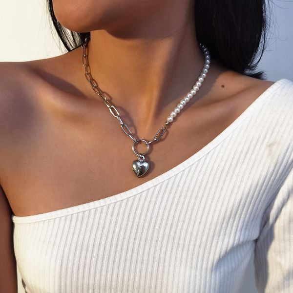 

fashion pearl choker necklace for women elegant metal heart pendant necklaces collares jewelry kolye gifts collier, Silver