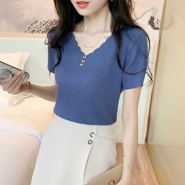 

v neck buttons knitted t-shirts women summer casual solid short sleeve ladies bodycon pullover tees large size 210526, White