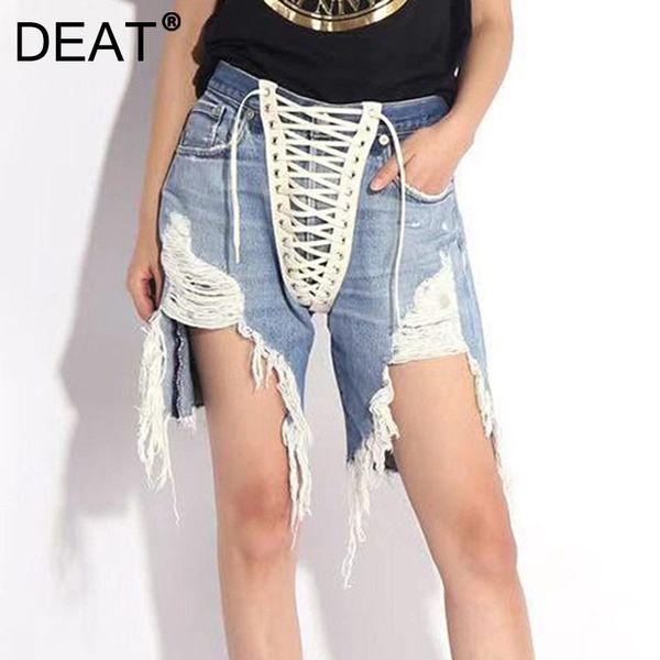 

women's shorts deat 2021 blue fashion bandage patchwork pockets high waist hole bow wear button straight summer 7e999, White;black