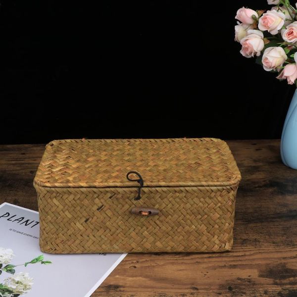 

storage baskets straw basket with lid rattan woven deskclothes sundries box for bedroom home decor )