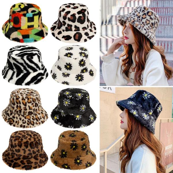 

outdoor hats 1pc winter rainbow color bucket hat women soft plush warm fisherman cap faux fur leopard pattern fashion camping, Black;white