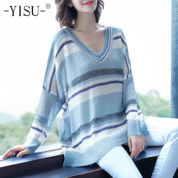 

women's sweaters yisu fashion striped sweater women 2021 autumn winter style v-neck long sleeve jumper casual pullover, White;black