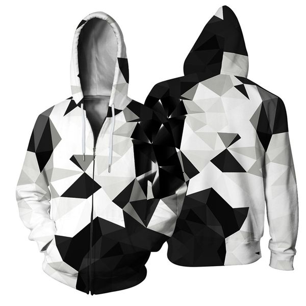 

fashion men's diamond 3d digital printed street sports cardigan jacket zipper hoodie, Black