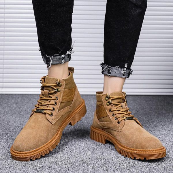 

boots scrub leather ankle sneakers british casual men shoes high slip for male vintage quality footwear, Black