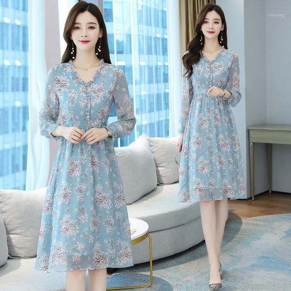 

casual dresses plus size vintage floral chiffon boho beach midi dress 2021 autumn winter korean elegant women party sweet vestidos, Black;gray