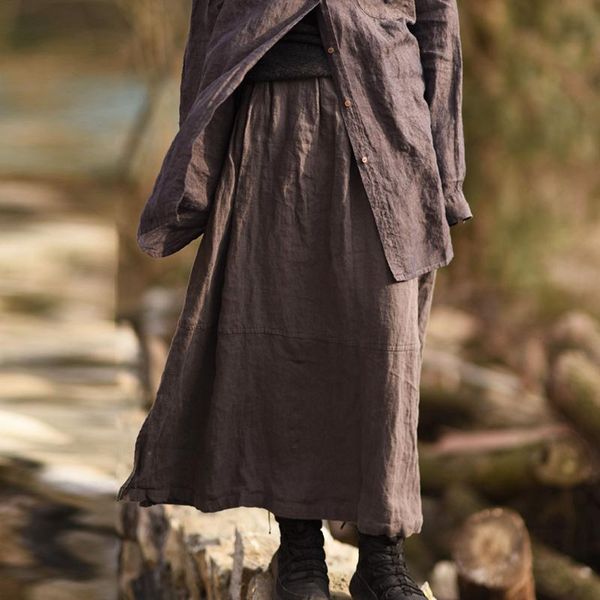 

skirts johnature linen solid color casual elastic waist patchwork 2021 women loose all-match vintage a-line, Black