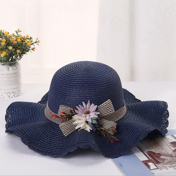 

summer parent-child ladies hat flowers gscm073a outdoor sunscreen straw hat with wavy edge and big edge caps wide brim hats, Blue;gray