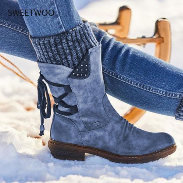 

boots 2021 women winter mid-calf boot flock shoes ladies fashion snow thigh high suede warm botas zapatos de mujer, Black