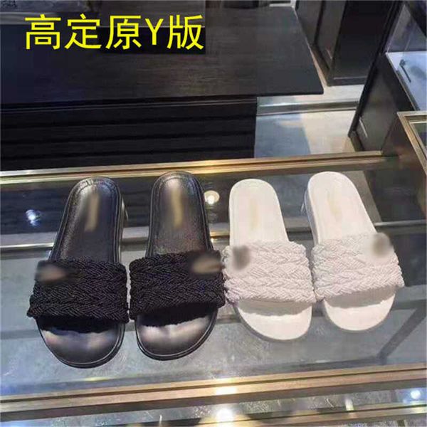 

high version 2021 summer xiaoxiang pearl women's flat bottom beaded one word belt fairy cool slippers for external wear, Black