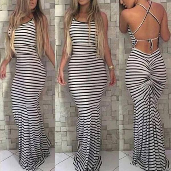 

dresses women summer striped skinny sheth backless boho maxi long party beach dress clothing casual, Black;gray