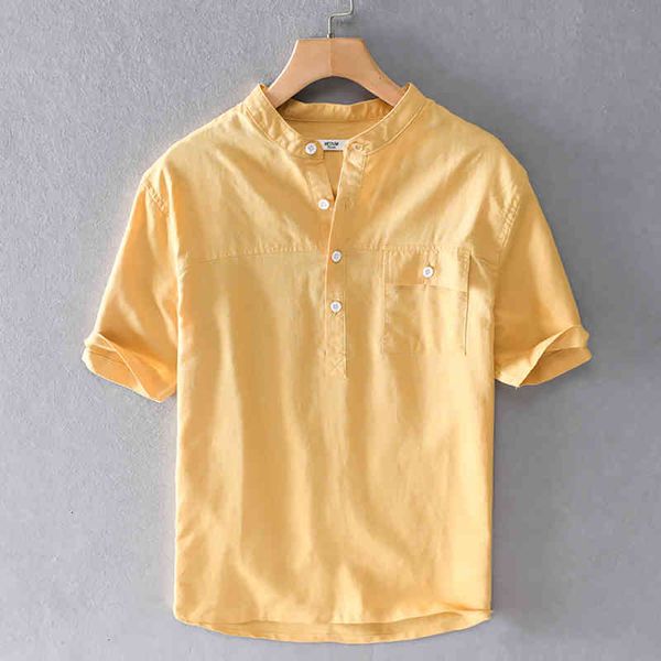 

men's t-shirts design summer brand linen short sleeve stand collar yellow shirts for men casual breathable shirt mens overhemd uwhm, White;black