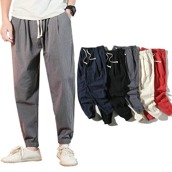 

men's pants nice summer men casual thin cotton linen straight trousers elastic waist baggy joggers harem hip hop streetwear, Black