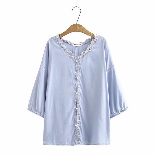 

women's blouses & shirts plus size 2xl-5xl white blue tencel women 3/4 sleeve v-neck blouse simple elegant female officewear blusas
