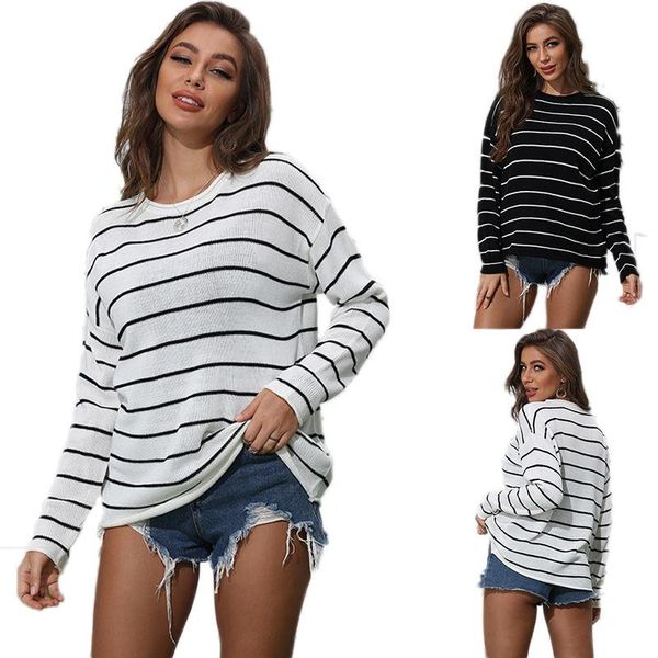 

women's sweaters knitted basic sweater pullover o neck striped long sleeves women autumn winter fashion casual warm soft, White;black