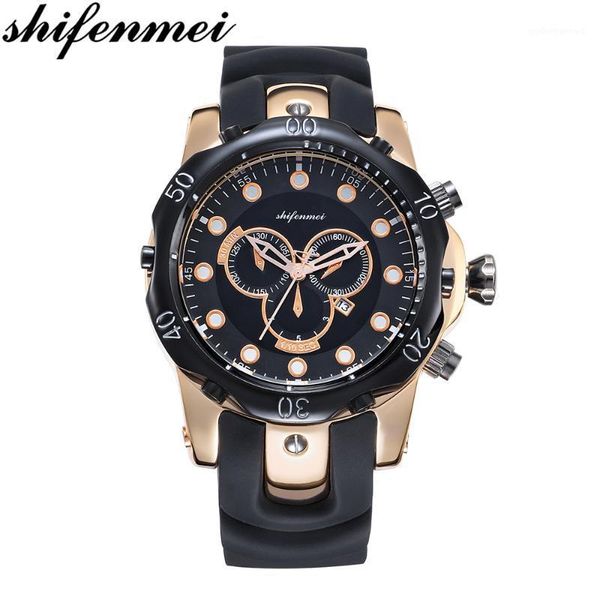 

wristwatches shifenmei mens watches military sport wristwatch silicone strap date clock men quartz watch relogio masculino 1073, Slivery;brown