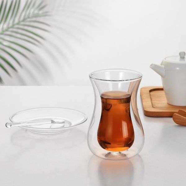 

cups & saucers beauty cup saucer teaspoon sets turkish bohea double wall glass insulated thermal cafe espresso s coffee mug teacup