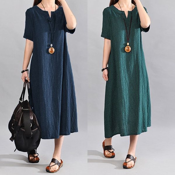 

dresses celmia vintage cotton long dress women 2021 v-neck short sleeve summer sundress autumn casual loose solid plus size vestidos 5xl, Black;gray