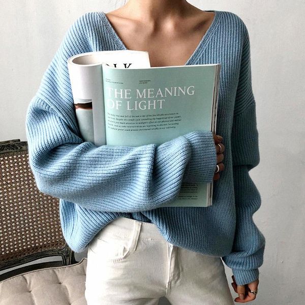 

women's sweaters simple women v-neck loose sweater versatile irregular hem solid color base a66, White;black