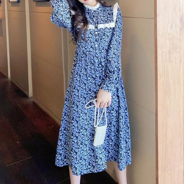 

casual dresses korean version japanese dress autumn winter temperament floral plus cashmere keep warm stand-up collar long sleeve, Black;gray