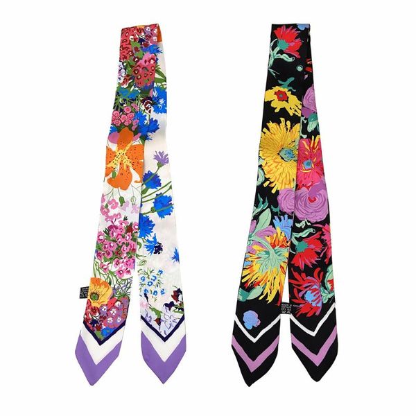 

scarves spring silk scarf daisy print women's small long wrapped handle ribbon female hair band wrist towel, Blue;gray