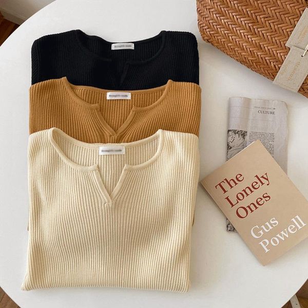 

women's sweaters chic v-neck basic women knitted sweater 2021 autumn winter long sleeve stretched slim female pullover, White;black