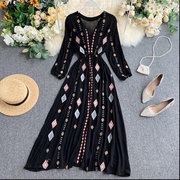 

women dresses autumn vacation ethnic style womens dress female fashion embroidery long sleeve frenulum slim vestidos, Black;gray