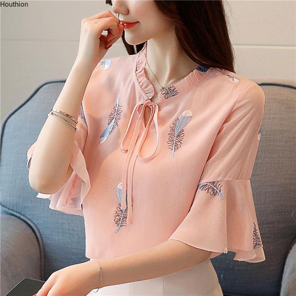 

women's blouses & shirts houthion chiffon shirt fashion cloth short sleeve casual summer womans regular o-neck print blouse, White