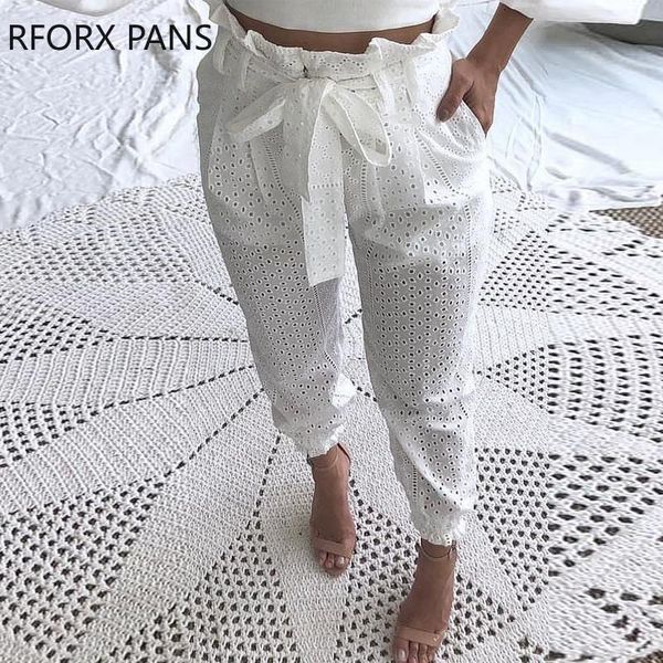

paperbag waist broderie lace casual pants women's & capris, Black;white