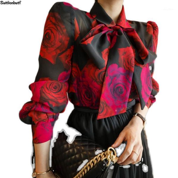

women's blouses & shirts elegant ladies chiffon floral printed women blouse bow collar puff sleeve blusas mujer de moda korean vintage, White