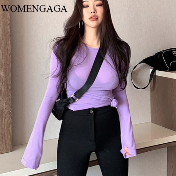 Tee pulôver sexy moda mulheres camiseta skinny tops bodycon algodão manga longa camiseta meninas outono roxo mujer de moda hozt 210603