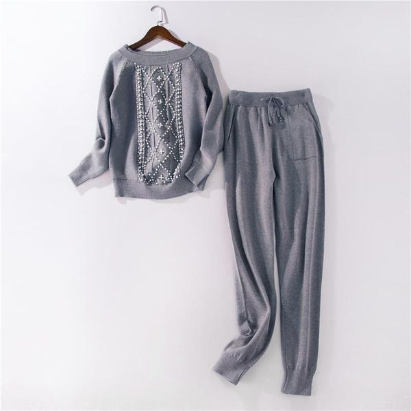 

women's two piece pants maxdiroo solid 2pcs set casual knitted tracksuit pearl beading sweatshirts outfits trousers+jumper clothing, White
