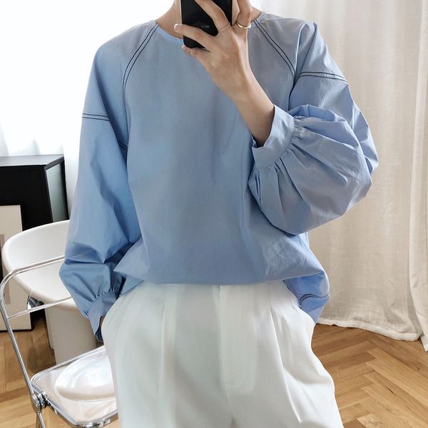 

women white big size casual minimalism t-shirt round neck long lantern sleeve fashion spring summer 2f0511 210510