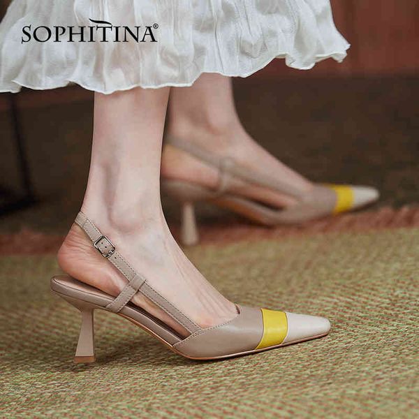 

sophitina fashion women sandals french retro color matching square toe shoes summer daily stiletto sheepskin female shoes ao366 210513, Black
