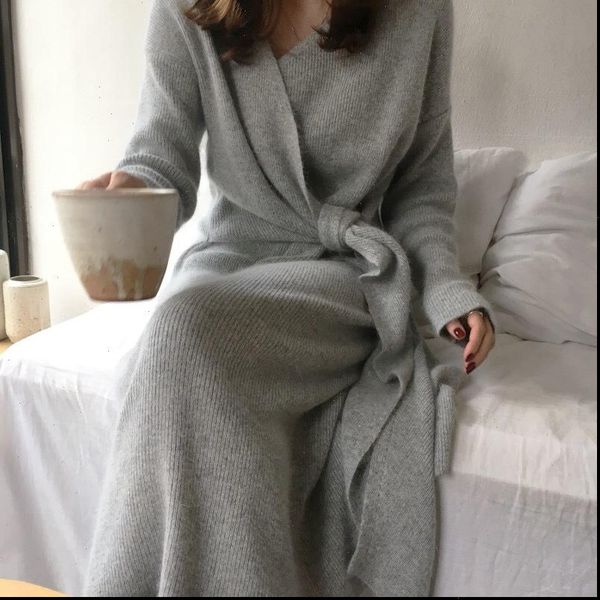 

winter women dresses jumper autumn loose tunic knit belted cashmere sweater v neck criss cross knitted long section, Black;gray