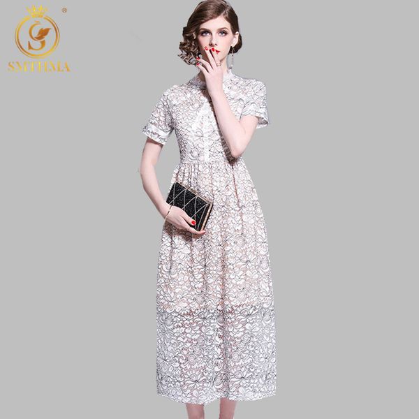 

summer womans short sleeve ladies elegant party dress lace hollow out women long dresses vestidos 210520, Black;gray