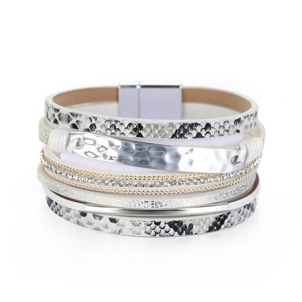 

bohemian pu bracelet popular wide side chain magnetic buckle leather bracelet, Black