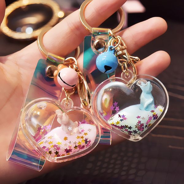 2021 fashion keychain love milk bottle cut polygon animal floating doll key chain liquid quicksand into oil panda pendant, Slivery;golden