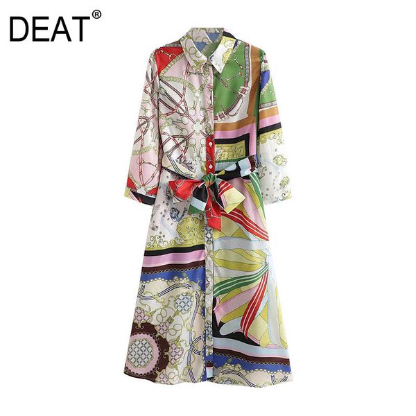 

[deat] summer new fashion tide single-breasted turn-down collar high waist knee-length long sleeve printing dress 13q051 210430, Black;gray
