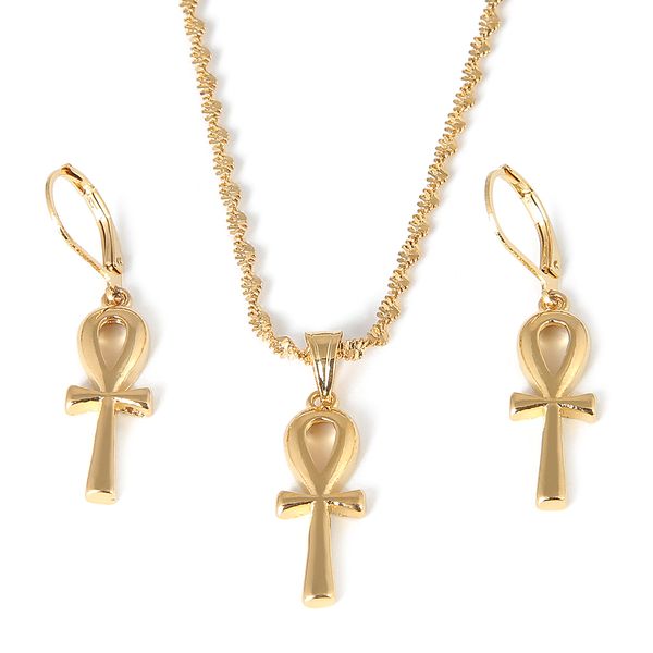 Ägyptische Ankh-Kreuz-Schmucksets Goldfarbene Ohrringe Halsketten Frauen Altes Symbol des Lebens Ägypten-Auge-Halskette Trendiger Schmuck