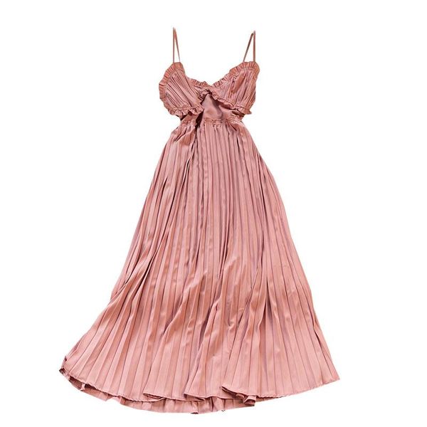 

casual dresses european summer v-neck high waist slim backless sling mid-length pleated women fashion streetwear 2021, Black;gray