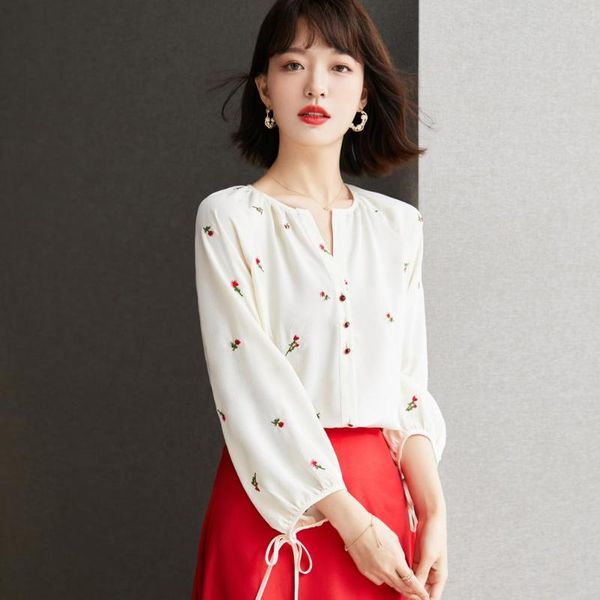 

women's blouses & shirts 2021 autumn white shirt v-neck embroidered flower lantern sleeve chiffon blouse