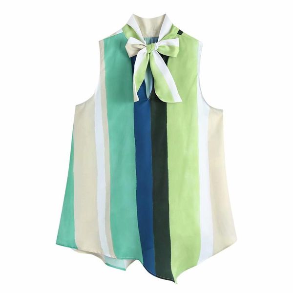 

summer european and american women's irregular sleeveless shirt with bow satin texture vest tanks & camis, White