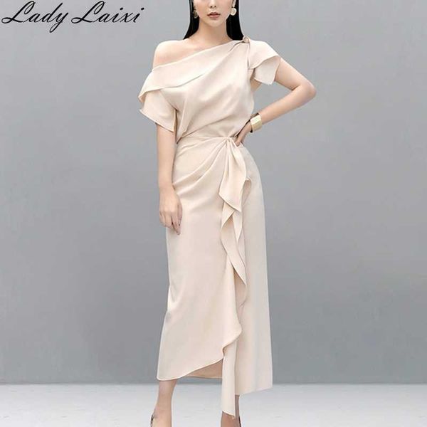 

arrival summer runway elegant 2 pcs set fashion one shoulder shirt + draped ruffles long skirts 210529, White