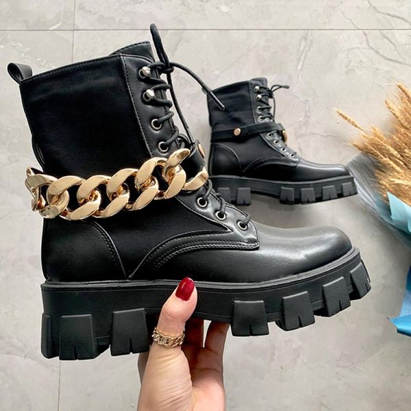 

boots gigifox brand fashion cool street trendy big chains autumn winter chunky heels ankle gothic style woman shoes, Black