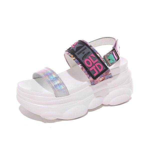 

korean trend letter color matching platform sandals women fashion all-match hasp student slope heel outdoor roman women's shoes, Black