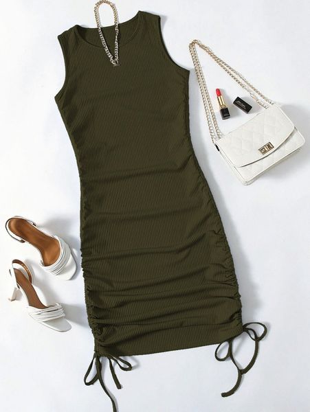 

drawstring side rib-knit bodycon dress 68dw#, Black;gray