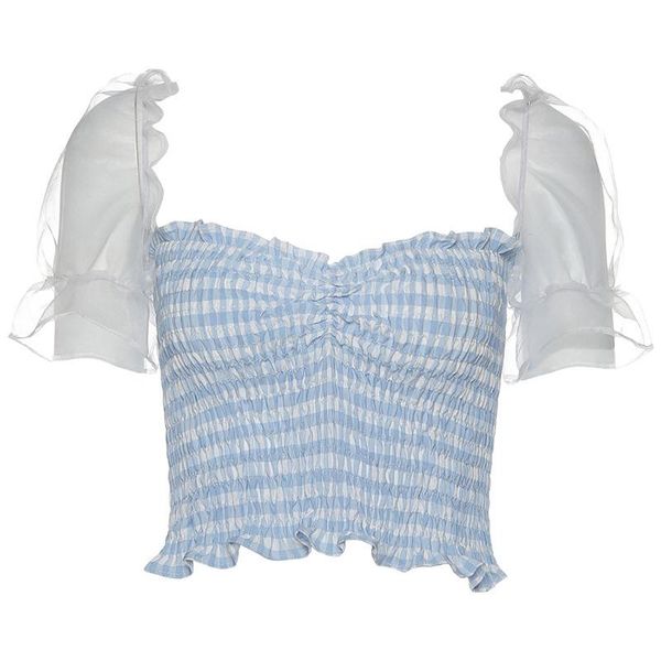 

women's t-shirt summer puff sleeve gauze net see-through square neck umbilical fold t -shirt, White