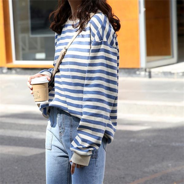 

women's hoodies & sweatshirts lazy style round neck striped women autumn niche long-sleeved korean loose for female, Black