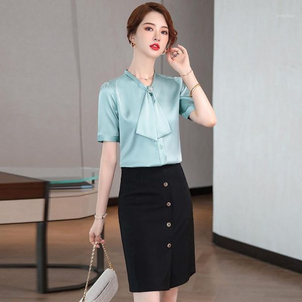 

women's blouses & shirts fashion women blue short sleeve 2 piece skirt and sets summer office ladies work blouse, White