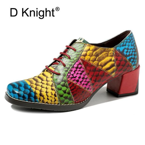 

dress shoes retro serpentine women pumps oxfords spring hand-printed stitching thick high heel lady ethnic genuine leather, Black